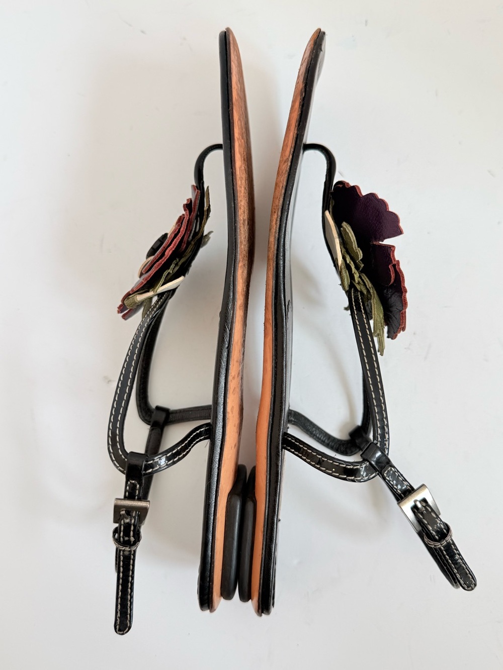 Prada Archive Floral Leather Sandals 38.5 Black Slingback Thong Appliqué Flats - Picture 7 of 12